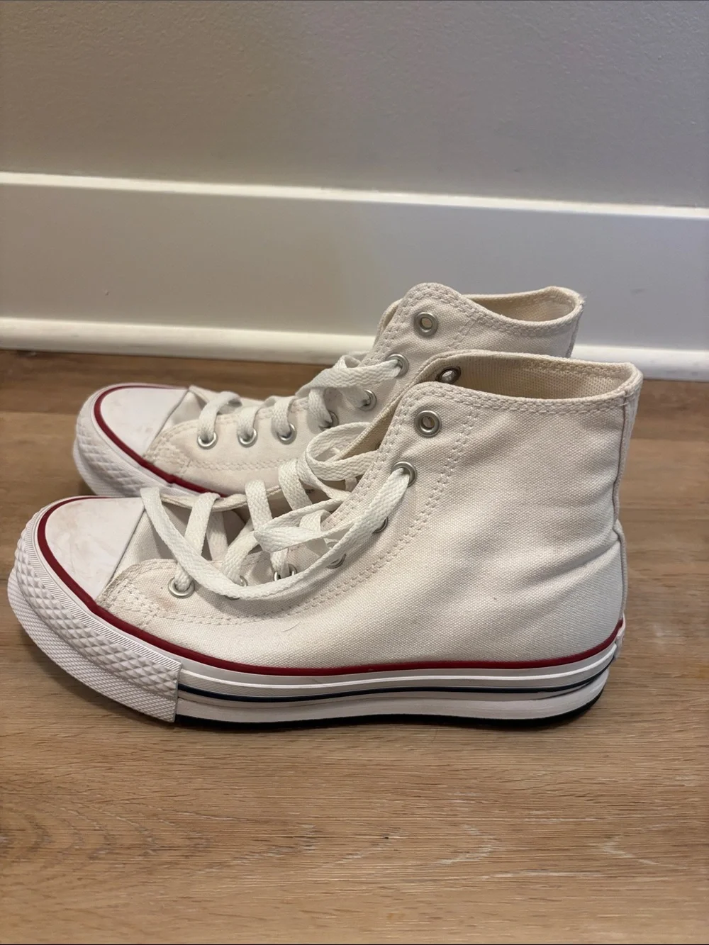 Converse White High Top Sneakers with Red Trim